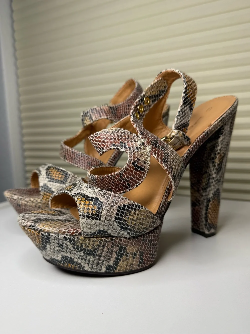 Platform Snake-Print High Heel Sandals in Neutral Multi-Color
